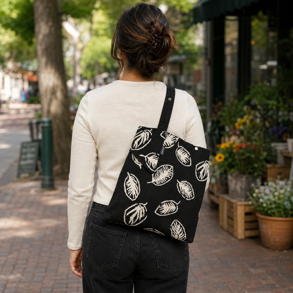 Carson Rogers Tucson Designer Black Canvas Leaf Embroidered Shoulder Bag
